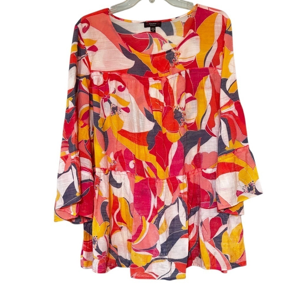Cocomo Flowy Boho Bell Sleeve Tunic Floral Wearable Art Top Sz 2X - Picture 1 of 9